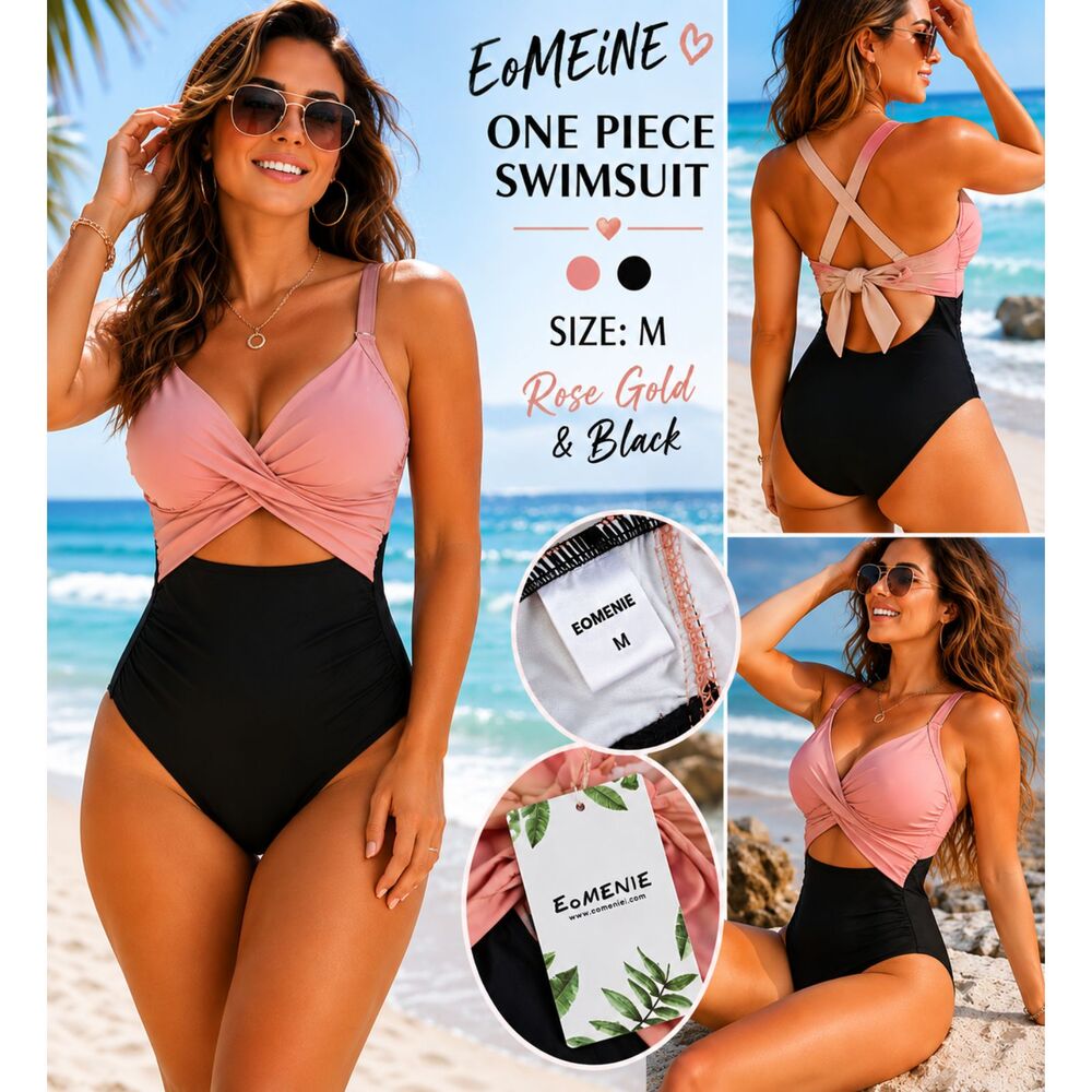 EoMEINE One Piece Colorblock Swimsuit Sz M Rose Gold Black Twist Front Cutout #V